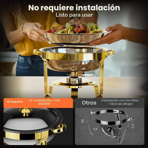 Miniatura 5 de Platos Calentadores Redondos para Buffet Paquete de 4, Chafers de 5QT y Calentadores de Buffet con 2 Guantes Resistentes al Calor, 4 Cucharas, 4