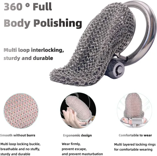 Miniatura 3 de Jaula de castidad masculina, dispositivo de castidad de malla metálica flexible para el pene con anillo de 1.772 in, juguete sexual para adultos