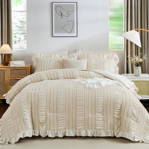 Miniatura 16 de Juego de edredón Queen de WONG BEDDING, edredón blanco y lindo con volantes para cama Queen, juego de 7 piezas en una bolsa, juego de cama