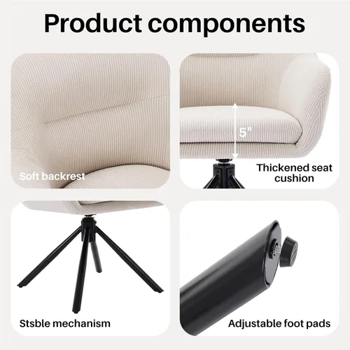 Miniatura 3 de Silla moderna de escritorio de oficina, silla giratoria de acento sin ruedas, silla tapizada de tela, silla giratoria ergonómica con brazo de Beige