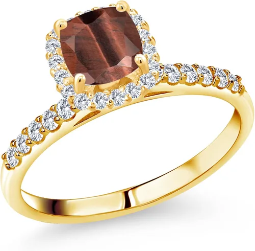 Gem Stone King Anillo de oro amarillo de 10 quilates con cojín de ojo de tigre rojo GH cultivado en laboratorio con diamantes cultivados en