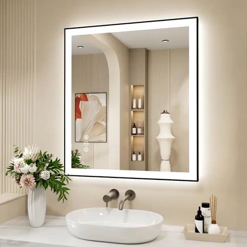 Miniatura 35 de Espejo de baño LED de 60x36 pulgadas con marco negro, espejos de baño retroiluminados y con luz frontal para pared, antiempañamiento, regulable