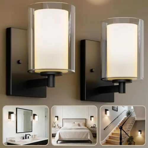Kalium Juego de apliques de pared de dos piezas, luces de tocador modernas con pantalla de vidrio transparente doble en negro mate para interiores,