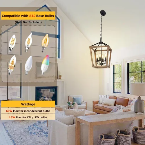 Miniatura 3 de Lámpara de araña de granja de 4 luces, lámpara de techo rústica tipo linterna con jaula de metal pintado de madera y cadena ajustable, luminaria