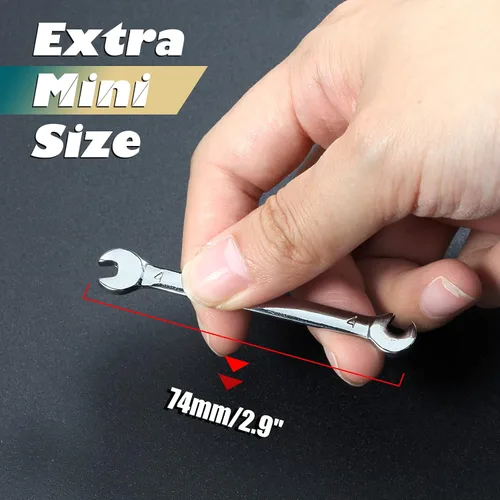 Miniatura 5 de Juego de 20 llaves inglesas de extremo abierto dobles estándar métricas y SAE de 5/32"-7/16" y 0.157-0.433 in extra delgadas de ángulo de extremo