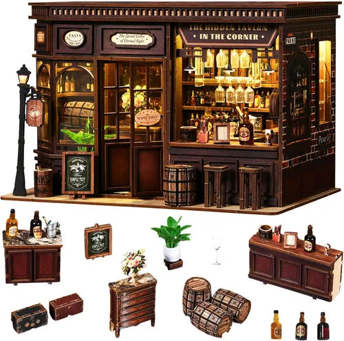 Miniatura 12 de Rincón de libros, kit de casa en miniatura, rompecabezas 3D de madera, luces LED, manualidades de decoración para adultos y adolescentes