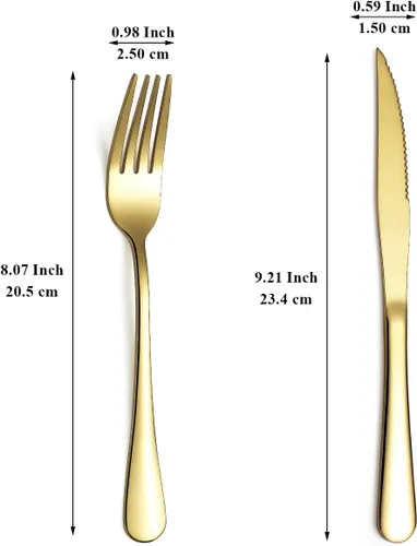 Miniatura 2 de Evanda Juego de cuchillos dorados para carne, 12 piezas, acero inoxidable chapado en titanio dorado, 6 tenedores y 6 cuchillos de cena, cuchillos