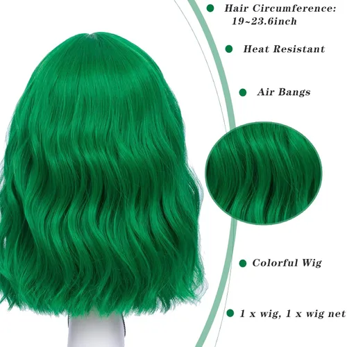 Miniatura 2 de LABEAUTÉ Peluca ondulada verde con flequillo de aire, resistente al calor, peluca del día de San Patricio, 14 pulgadas, verde menta
