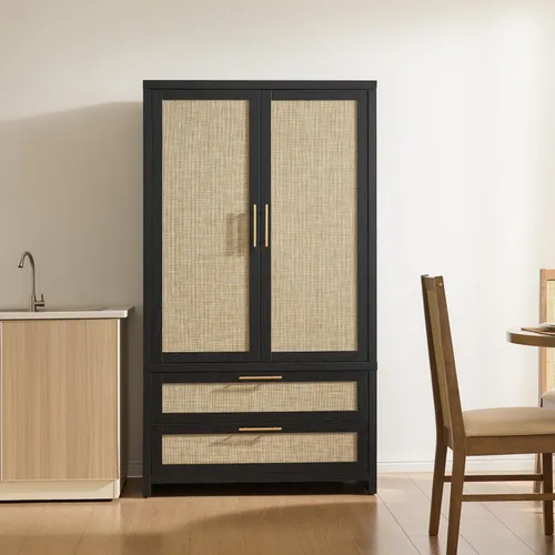 Miniatura 8 de SICOTAS Armario Ropero Gabinete de Ratán, Gabinete de Almacenamiento de 71" con Puertas, 2 Cajones y Barra Colgante, Organizador de Ropa Boho Roble