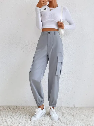 Miniatura 4 de MakeMeChic Pantalones cargo casuales de cintura alta para mujer con bolsillos