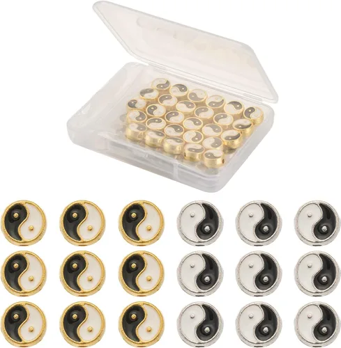 Craftdady 60 cuentas esmaltadas de aleación de zinc Yin Yang de disco redondo plano Tai Chi Taoísmo cuentas espaciadoras sueltas 0.335x0.138 in para