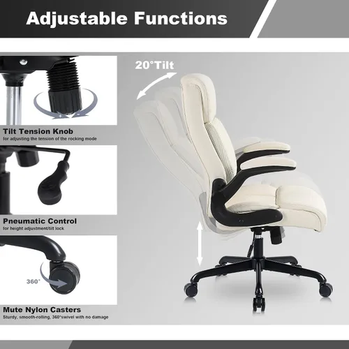 Miniatura 6 de Youhauchair Silla de oficina ejecutiva, silla ergonómica de piel sintética para computadora con soporte lumbar, reposabrazos abatibles y altura Beige
