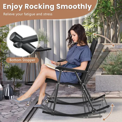 Miniatura 5 de Tangkula Juego de 2 mecedoras plegables para patio con tela de asiento transpirable y marco de metal resistente, movimiento mecedor suave, balancín