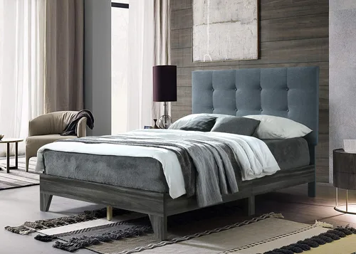 Miniatura 2 de Hodedah Cama con cabecera tapizada y plataforma de marco de madera, individual, gris (HI681 Twin Grey)