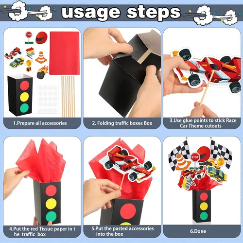 Miniatura 3 de 12 juegos de decoración de fiesta de cumpleaños de autos de carreras, centros de mesa para mesas con cajas de tráfico, decoración temática de baby