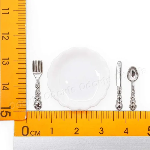 Miniatura 5 de Odoria 1/12 Platos en miniatura y cubiertos Cuchillo Tenedor Cuchara Juego de accesorios para casa de muñecas, plata plateado