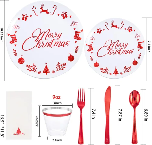Miniatura 2 de Liacere 175 piezas de platos desechables de plástico navideños rojos y blancos - Incluye 25 platos de postre, 25 platos para cena, 25 cuchillos, 25