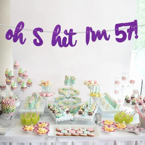 Miniatura 6 de Oh S*it I'm 57! - Pancarta de fondo con purpurina púrpura Hello 57 Cheers to 57 años de edad, decoración temática para niños y niñas, suministros