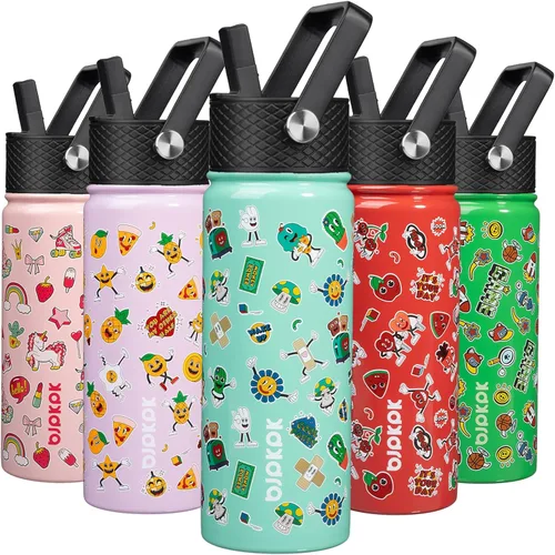 Miniatura 83 de BJPKPK Botella de agua aislada con tapa con pajilla, bonitas botellas de agua de 15 onzas, termo de metal de acero inoxidable, vasos reutilizables