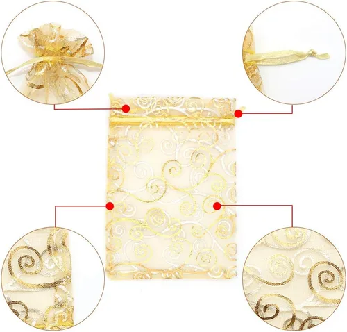 Miniatura 6 de Staruby Bolsas de regalo de organza, 100 bolsas de organza transparente dorada de 4 x 6 pulgadas, bolsas de regalo con cordón para joyas, ratán, 100