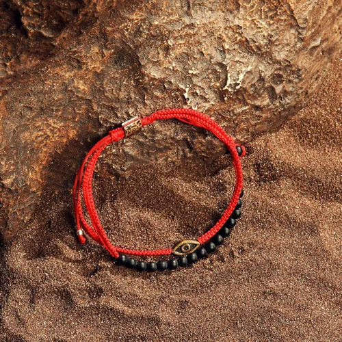 Miniatura 4 de KARMA AND LUCK - Brave Gaze - Men's Real Matte Onyx Jade Stone Bronze Brass Evil Eye Charm Red String Adjustable Drawstring Closure Bracelet