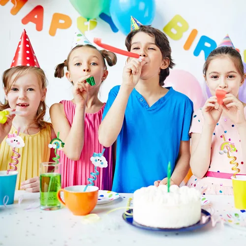 Miniatura 7 de Suministros para fiesta de cumpleaños de arco iris, pajitas de plástico para beber, 24 para niños y niñas, decoraciones de fiesta de nube arcoíris