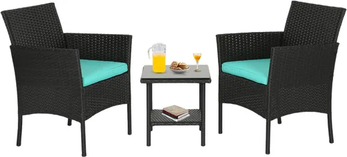 Miniatura 27 de FDW Juego de muebles de patio de 3 piezas Negro Muebles de mimbre para exteriores con mesa de café Juego de sillas de ratán moderno