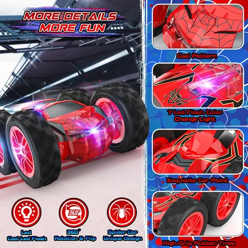 Miniatura 4 de Auto de control remoto para niños, autos de acrobacias RC para niños de 4 a 7 años con luces LED y doble cara para regalo de cumpleaños de Pascua