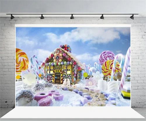 Miniatura 4 de AOFOTO Telón de fondo de casa de jengibre de 5 x 3 pies, bastón de caramelo, piruleta, paleta de azúcar, fondo de fotografía, decoración de fiesta