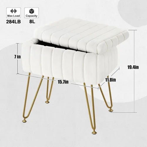 Miniatura 3 de Greenstell Taburete de tocador de piel sintética con almacenamiento, 15.7 pulgadas de largo x 11.8 pulgadas de ancho x 19.4 pulgadas de alto, Blanco