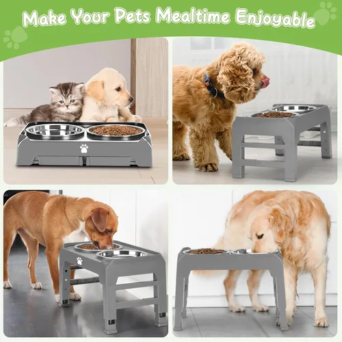 Miniatura 8 de Soporte elevado para cuenco para perros con 2 cuencos de acero inoxidable, altura ajustable para perros medianos y grandes, comedero plegable de Gris