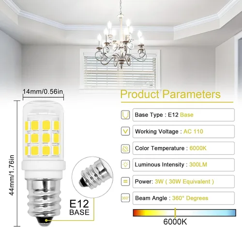 Miniatura 2 de Bombilla pequeña con base de candelabro LED E12, equivalente a 3 W, 25-30 W, incandescentes, 6000 K, bombillas blancas frías, 120 V, 300 lúmenes,