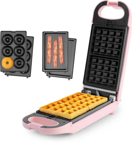 Miniatura 7 de AROMA Máquina de gofres intercambiable y abatible con platos extraíbles: prensa Panini 3 en 1, mini máquina de donas y plancha para gofres