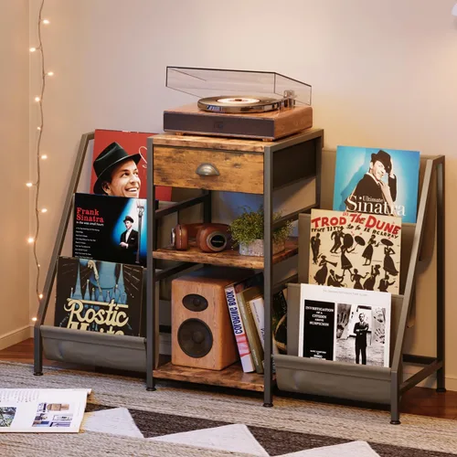 Soporte para tocadiscos con cajón, mesa para tocadiscos con almacenamiento de discos de vinilo de hasta 280 álbumes, soporte giratorio con estante