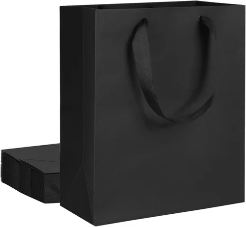 QIELSER 12 bolsas de regalo negras con asas de cinta, bolsas de regalo de papel kraft de tamaño mediano de 8 x 4.75 x 10 pulgadas, bolsas de papel