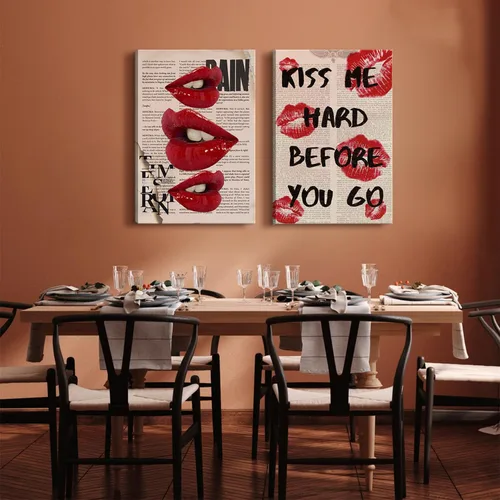 Miniatura 4 de 2 piezas de lienzo enmarcado, arte de pared, decoración de pared de moda preparada, pósteres de labios rojos funky, impresiones de cuadros