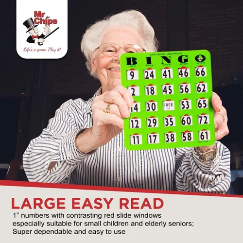 Miniatura 7 de MR CHIPS Juego completo de bingo con tarjetas obturadoras a prueba de atascos, edición verde de fácil lectura, 25 tarjetas de bingo reutilizables