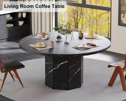 Miniatura 7 de HSH Mesa de comedor redonda para 4-6 personas, mesa de cocina de mármol sintético negro de 47", mesa de comedor moderna de madera para sala de estar