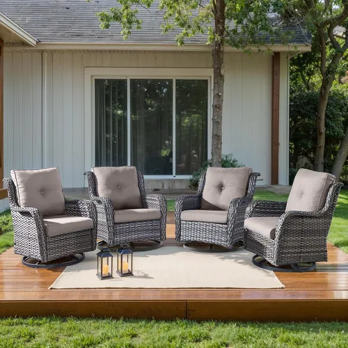 Miniatura 122 de HUMMUH Sillas Mecedoras Giratorias de Mimbre para Patio Exterior con Respaldo Alto, Sillas Deslizantes de Ratán PE, Juego de Muebles de Patio de 4