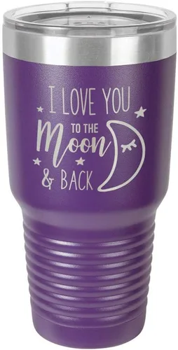 Miniatura 18 de Vaso azul de 30 onzas con popote y tapa superior deslizante con texto en inglés "I love you to the moon and back", taza de viaje de acero inoxidable