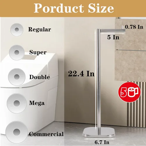Miniatura 4 de Soporte de papel higiénico, almacenamiento de papel higiénico independiente para baño, soporte de papel higiénico de acero inoxidable con reserva