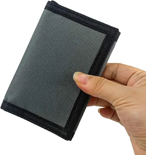 Miniatura 4 de Cartera de lona triple RFID para deportes al aire libre para hombres, lindo monedero con cremallera y bolsillo frontal para niños, camuflaje, Gris
