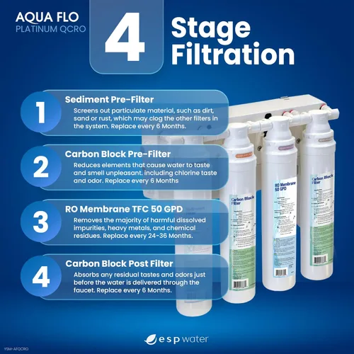 Kit de filtro QCRO RO original Aqua Flo Platinum con membrana y cartuchos de 50 GPD | Filtración de 4 etapas, fácil instalación, reducción de