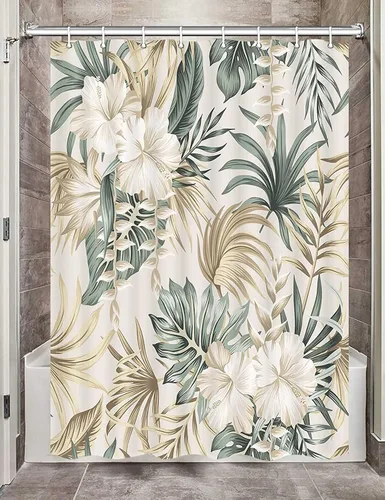 DYNH Cortina de ducha para baño, diseño de plantas tropicales, plantas tropicales, caravanas, hojas de palmera verde salvia, beige, bonita