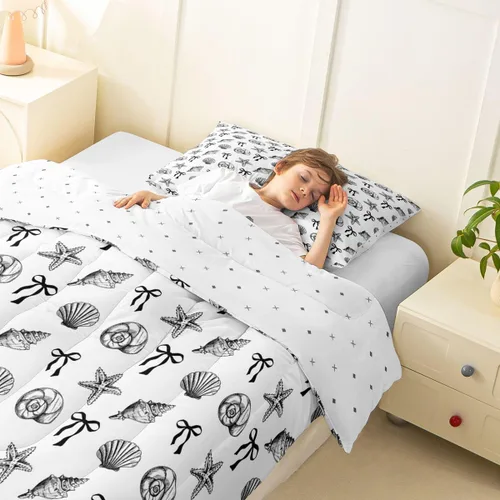 Miniatura 3 de Manfei Juego de ropa de cama de tamaño individual con 1 funda de almohada, diseño de concha y estrella de mar y lazo, juego de ropa de cama