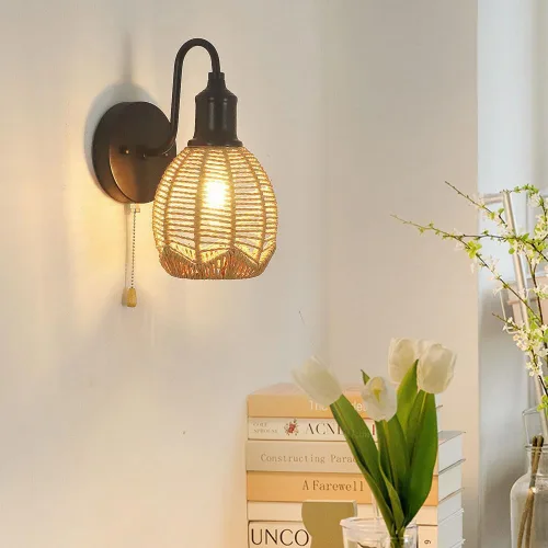 Miniatura 2 de Lámpara de pared de ratán, aplique de pared vintage de granja, lámpara de pared negra retro con tirador, iluminación interior cableada para sala