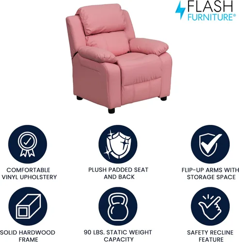 Miniatura 3 de Flash Furniture, sillón reclinable de lujo, muy acolchado, de vinilo color beige, con apoyabrazos con compartimento de almacenamiento, para niños