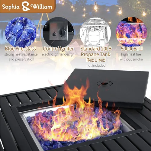 Miniatura 4 de Sophia & William Mesa para fogata de gas de 28 pulgadas, 50,000 BTU cuadrada para exteriores, fogatas de propano 2 en 1, chimenea de patio