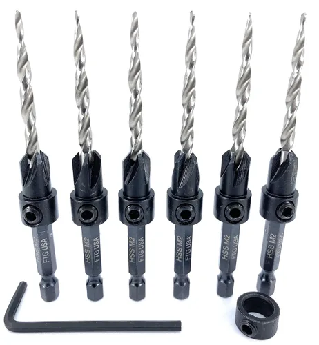 Miniatura 7 de FTG USA Juego de 6 brocas avellanadoras #8 (11/64 pulgadas) con collar de tope de profundidad, llave hexagonal, brocas cónicas para madera