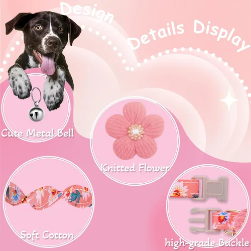Miniatura 2 de Collar para perro mediano con flor, collares de perro para perros medianos Collar para niña Collar de perro lindo con campana, longitud ajustable